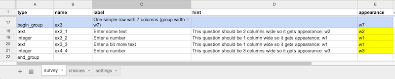 XLSForm Grid markup